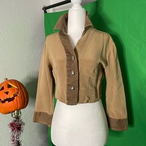 Designer 3/4 sleeve crop top with collar, 4-ply silk denim steampunk